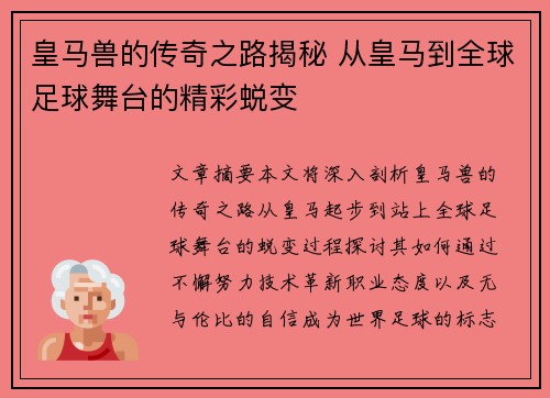皇马兽的传奇之路揭秘 从皇马到全球足球舞台的精彩蜕变